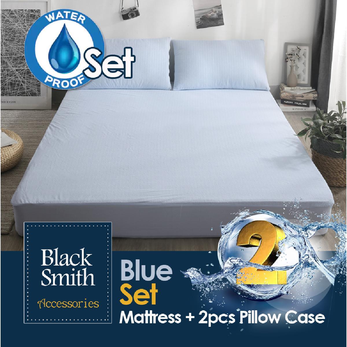 Black Smith -Blue -Waterproof Protector II Mattress Cover+2pcs Pillow Cover Bundle Set (Single/Double/Double Full/Queen/King)