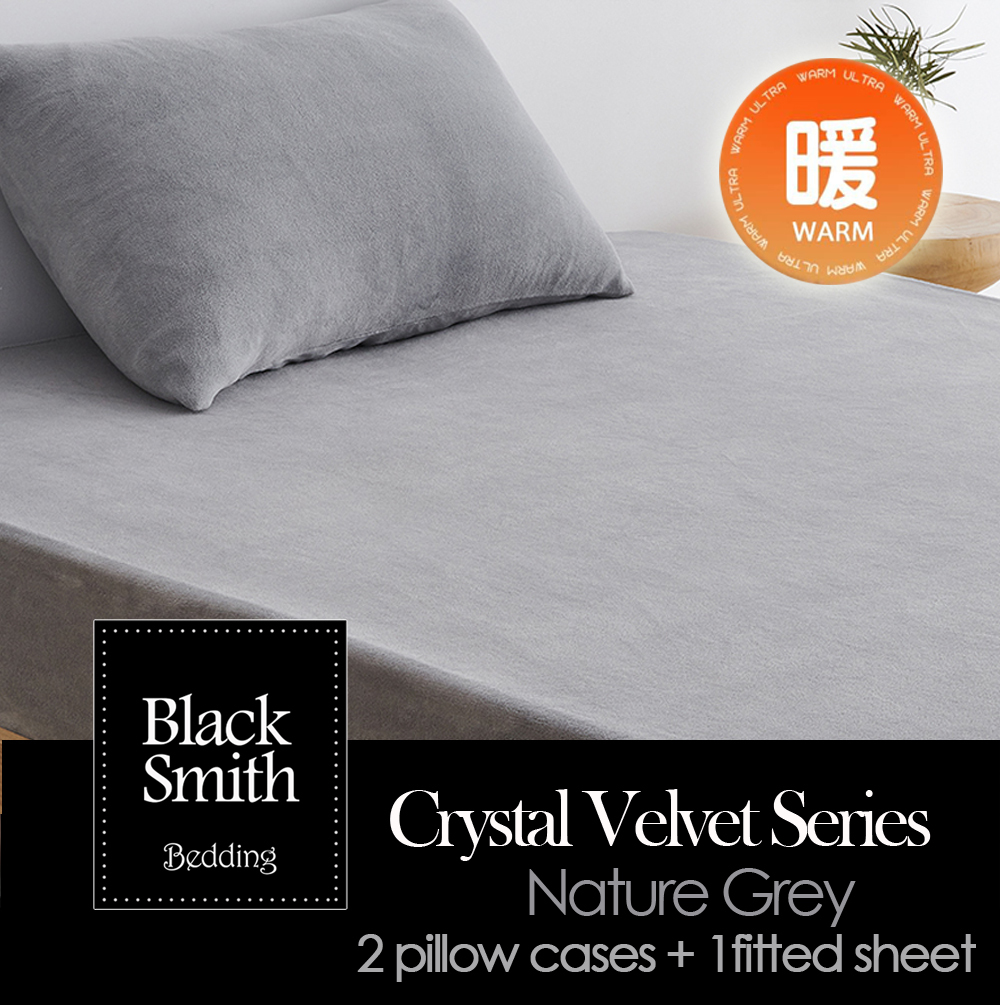 Black Smith Crystal Velvet Quick Warmth Series(2pillowcases+1Fitted Sheet/Only Fitted Sheet)Nature Grey