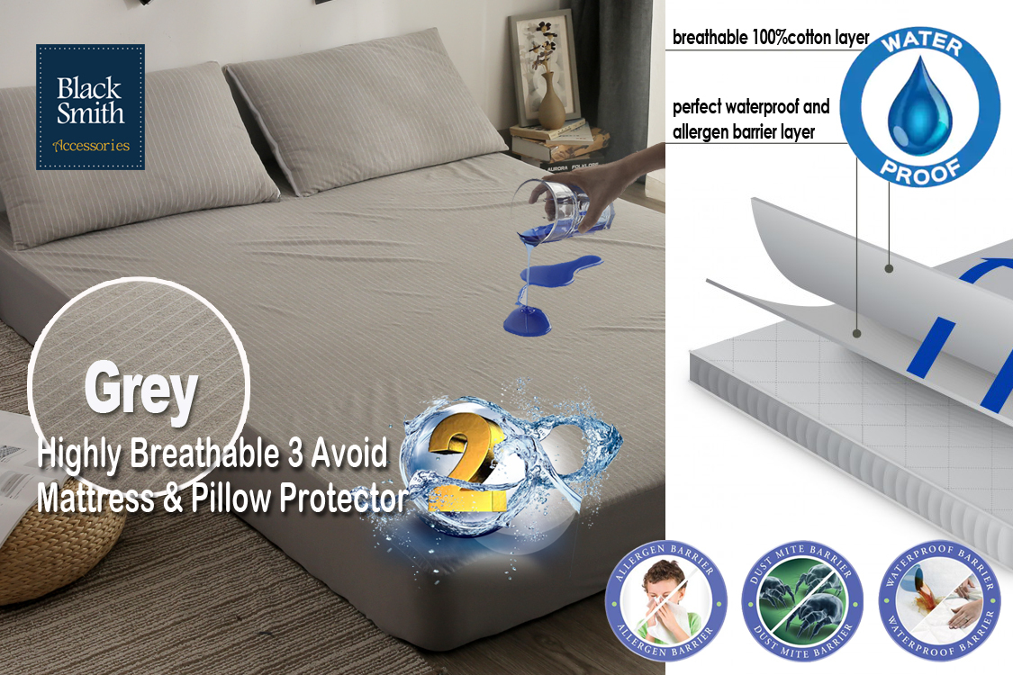 Black Smith -Grey -Waterproof Protector II Mattress Cover (Single/Double/Double Full/Queen/King)