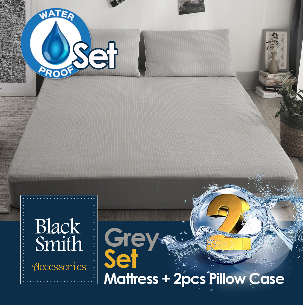 Black Smith -Grey -Waterproof Protector II Mattress Cover+2pcs Pillow Cover Bundle Set (Single/Double/Double Full/Queen/King)