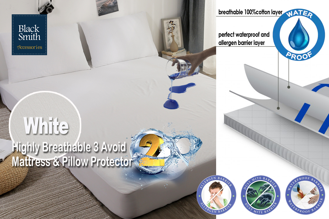 Black Smith -White -Waterproof Protector II Mattress Cover+2pcs Pillow Cover Bundle Set (Single/Double/Double Full/Queen/King)