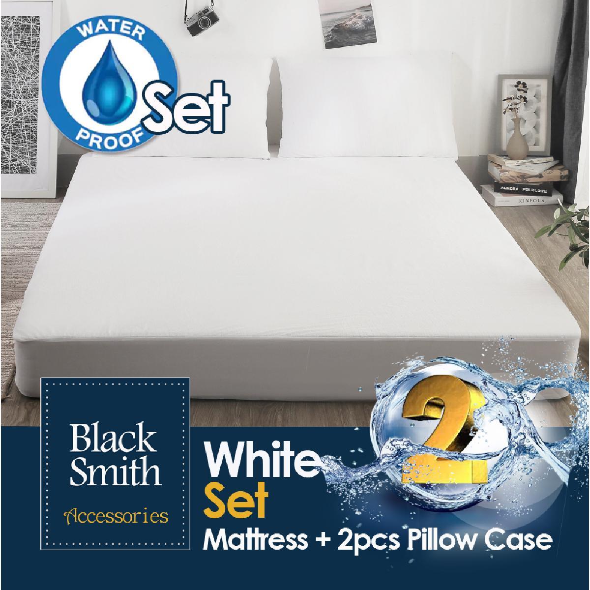 Black Smith -White -Waterproof Protector II Mattress Cover+2pcs Pillow Cover Bundle Set (Single/Double/Double Full/Queen/King)